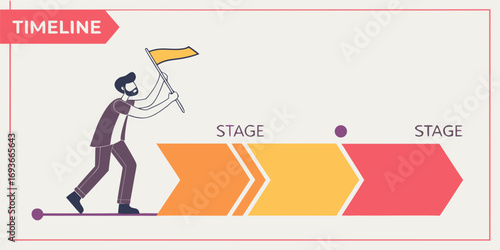 Man conquering business timeline, achieving goals, progress and success, a modern vector art