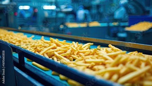 Golden french fries on a factory conveyor belt