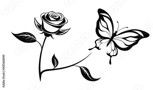 A stunning black and white rose vector illustration featuring a beautiful flower, leaf, and butterfly silhouette for a floral design