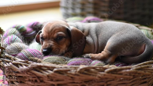 Cute dachshund puppy sleeping in a basket on soft yarn.  Sweet, adorable animal, relaxed, canine, domestic pet, indoors.