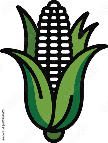 Stylized illustration of a fresh corn cob with green leaves