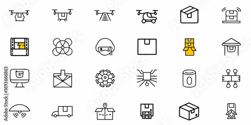 Modern line art icons of delivery drones, packages, and logistics for business applications