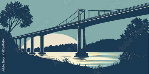 Stunning bridge silhouette at sunset creating a peaceful vista, a calm natural scene for your design project