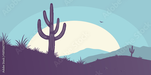Peaceful desert landscape at sunset with cactus silhouette and flying bird, calm outdoor scene