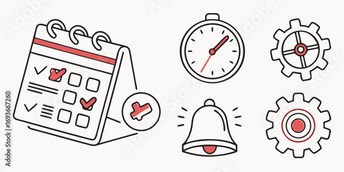 Calendar with deadlines, notification bell, and gears for workflow automation and efficiency