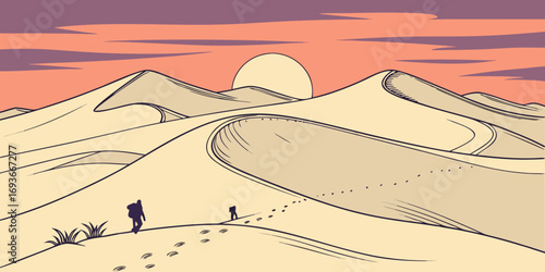 Stunning desert landscape illustration featuring hikers trekking through sand dunes at sunset