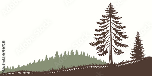 Serene evergreen trees silhouette illustration with forest on a hill graphic nature scene