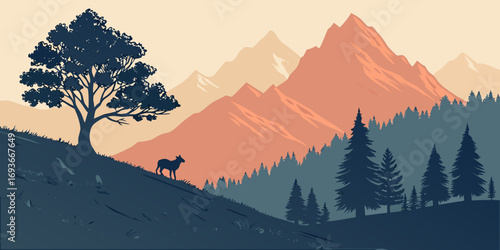 Stunning mountain vista with deer silhouette, serene nature artwork for peaceful landscapes and designs