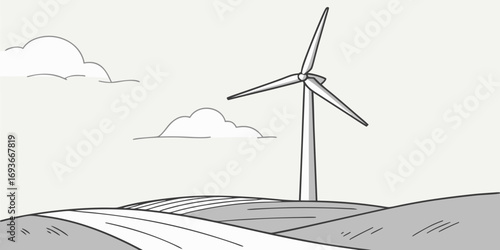 Modern renewable energy landscape with wind turbine on rolling hills, clean power illustration