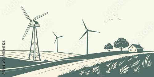 Charming countryside landscape with wind turbines, promoting sustainable rural living and green energy