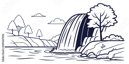 Serene waterfall landscape with outlined trees, rocks, and water for coloring book pages and outdoor adventures