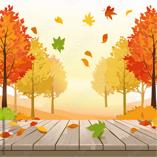 Autumn leaves scattered on wooden deck with warm sunlight shining through colorful fall trees