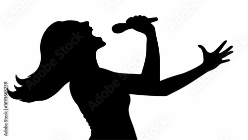 Silhouette of a woman singing into a microphone with her head back and arm raised in a performance pose | editable eps vectors