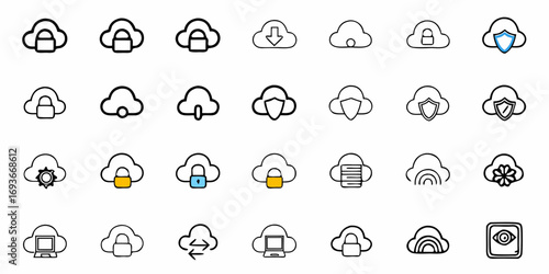 Secure cloud icons for modern technology and data protection solutions featuring various cloud services