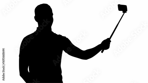 Silhouette of a man taking a selfie with a selfie stick against a plain white studio background scene | editable eps vectors