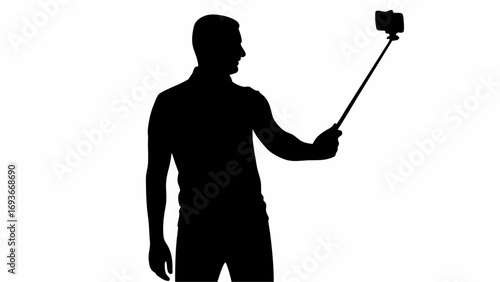 Silhouette of a man taking a selfie with a selfie stick against a white background in a studio shot | editable eps vectors
