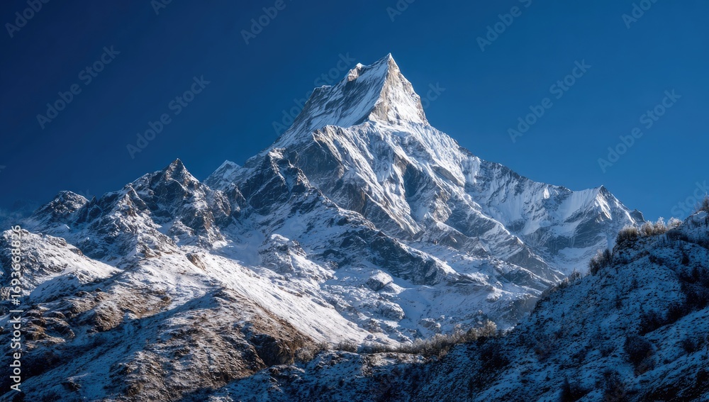 Obraz premium Majestic snow-capped mountain peak against a vibrant blue sky