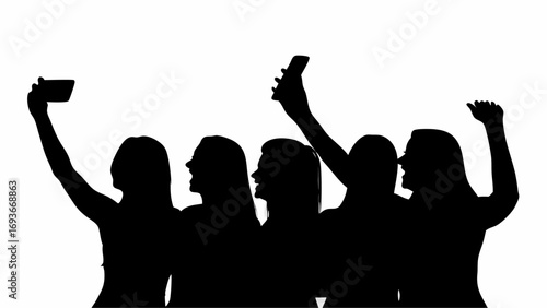 Silhouette of five women taking a selfie with their smartphones against a white background in a group photo | editable eps vectors