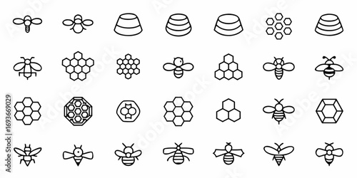 Beekeeping icons set for honey themed designs, apiary projects and natural food product branding