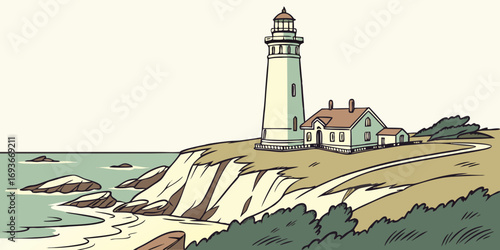 Scenic lighthouse and house on a cliff overlooking the ocean, peaceful coastal vista, tourism adventure
