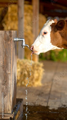 Young calf drinks water from a wooden trough outdoors
