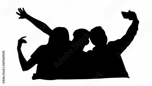 Silhouette of three people taking a selfie with a smartphone and raising their arms in a celebratory pose | editable eps vectors