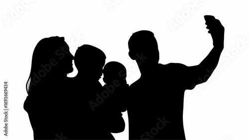 Silhouette of a family taking a selfie with a mobile phone, including parents and two children together smiling | editable eps vectors