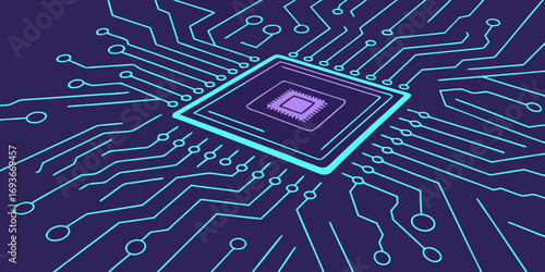 Digital circuit board with central processor chip, conveying innovation and high-tech connectivity