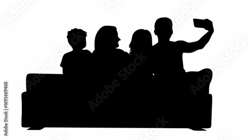 Silhouette of a family of four taking a selfie on a couch with a mobile phone in a well lit environment | editable eps vectors