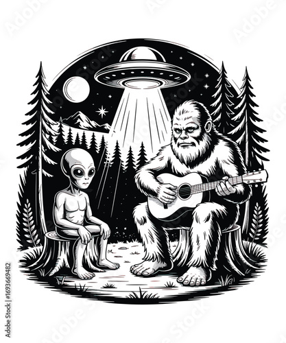 A whimsical black and white illustration of an alien and Bigfoot sharing a musical moment.