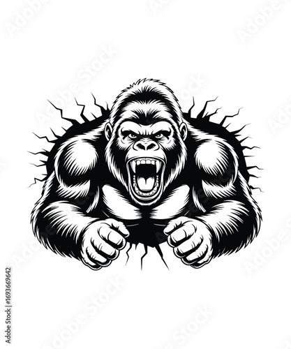 A striking black and white graphic illustration of a gorilla with a fierce expression.