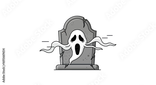 A spooky cartoon ghost with a screaming face emerging from a cracked gravestone.