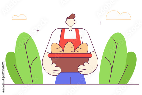 Baker holding basket of bread isolated on transparent background
