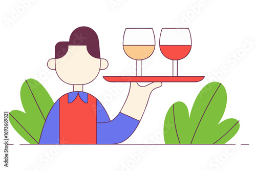 Cartoon waiter serving two glasses of wine on a tray isolated on transparent background