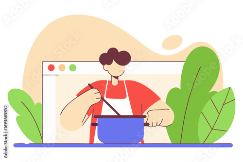 Person in apron cooking in a pot on a digital screen isolated on transparent background
