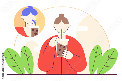 Two people enjoying bubble tea drinks isolated on transparent background
