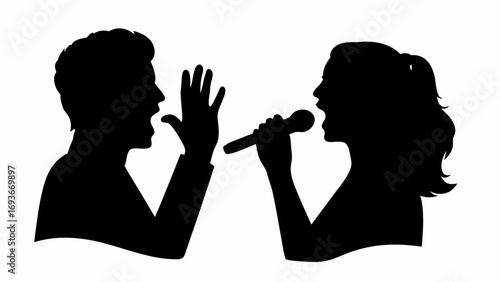 Silhouette of a man shouting with his hand up and a woman singing into a microphone side profiles 100 | editable eps vectors