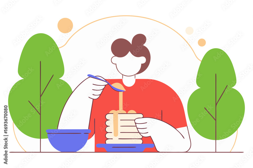 Fototapeta premium Person enjoying a stack of pancakes with syrup isolated on transparent background