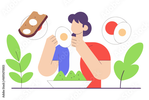 Person enjoying a healthy breakfast with eggs and avocado toast isolated on transparent background