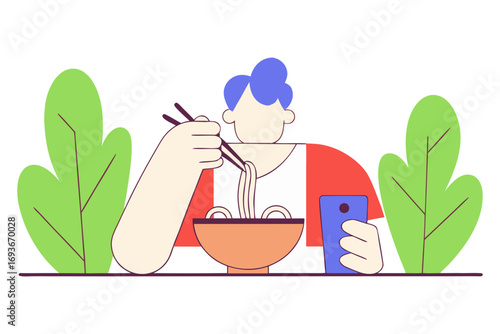 Person eating noodles with chopsticks while holding a phone isolated on transparent background