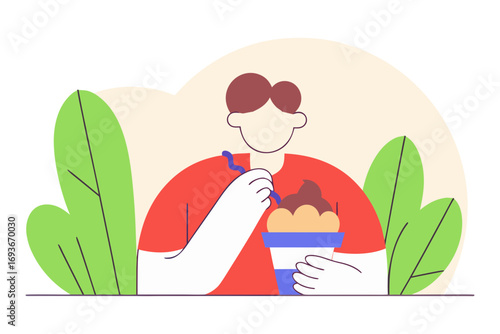 Person enjoying a delicious ice cream sundae isolated on transparent background