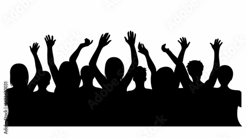 Silhouette of a crowd of people with their hands raised in the air against a white background scene view | editable eps vectors