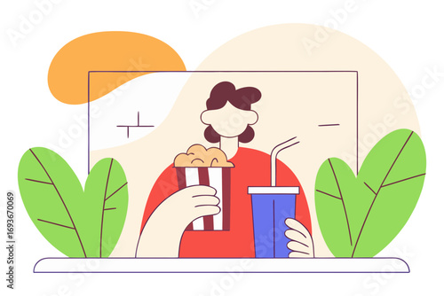 Person holding popcorn and drink watching a movie isolated on transparent background