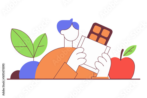 Person holding a chocolate bar with an apple and plants isolated on transparent background