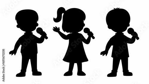 Silhouette illustration of three kids singing into microphones on a white background in a vector graphic | editable eps vectors