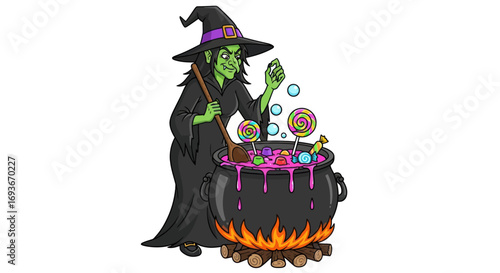 Cartoon Witch Brewing Colorful Potion in Large Cauldron.