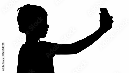 Silhouette of a person with short hair holding a mobile phone in their right hand taking a selfie pose | editable eps vectors