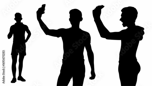 Silhouettes of three men in different poses one taking a selfie and another cheering on a white background | editable eps vectors