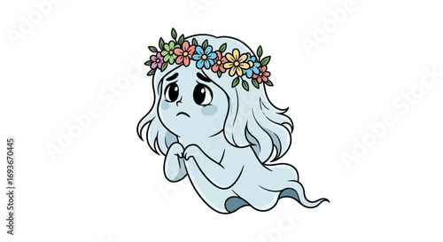 Sad Cartoon Ghost Girl Wearing a Flower Crown.