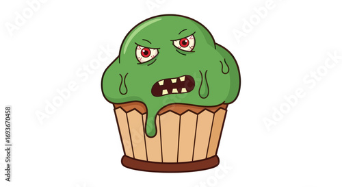 Angry Green Monster Cupcake Cartoon Illustration.